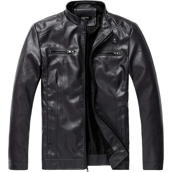 Men's Black1303 Stand Collar Leather Motorcycle Lightweight Faux Leather Jacket - Picture 1 of 7